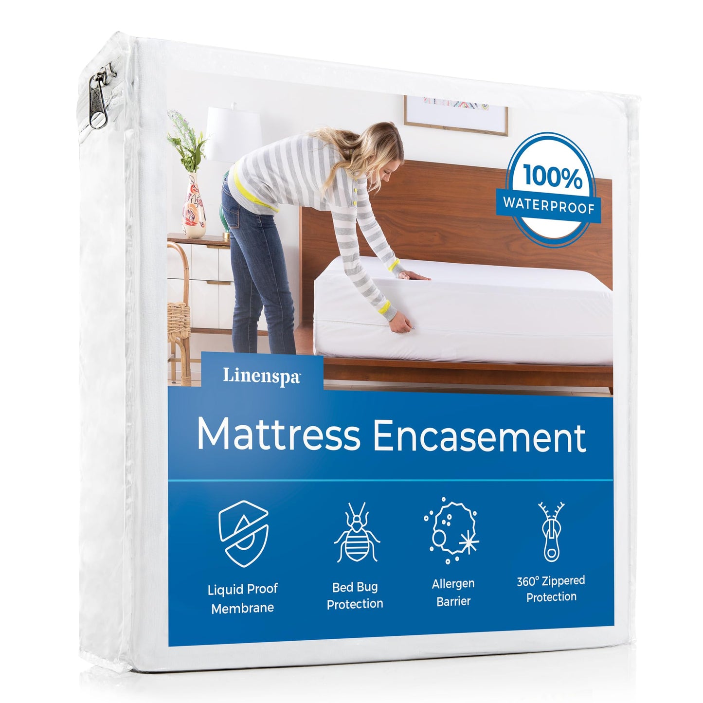 LINENSPA Zippered Encasement Waterproof, Dust Mite Proof, Bed Bug Proof, Hypoallergenic Breathable Mattress Protector - King Size White