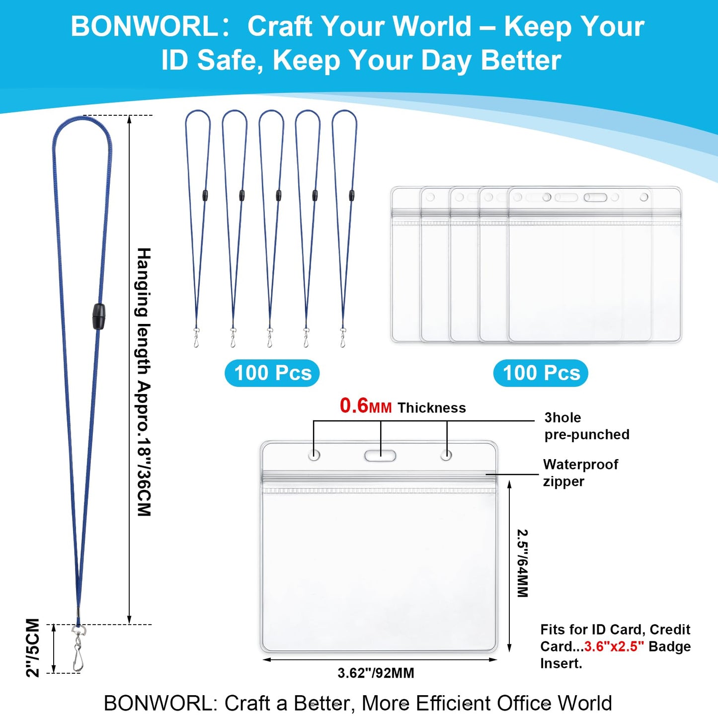 Breakaway Lanyards for ID Badges, 100 Pack Blue Safety Lanyards with Horizontal ID Card Holder, Bulk Clear Waterproof Name Badge Holder with Lanyard for School, Office, Healthcare & Events
