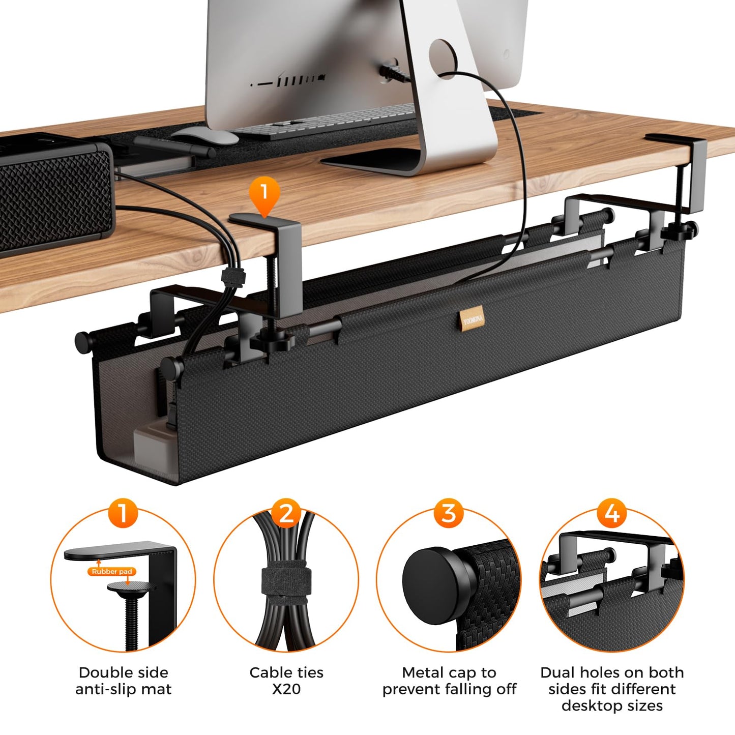 YOOMONA No Drill Cable Management Tray & Under Desk Privacy Panel 2 in 1,Cord Management Under Desk with Clamp/Screw Mount for Home,Office (Black)