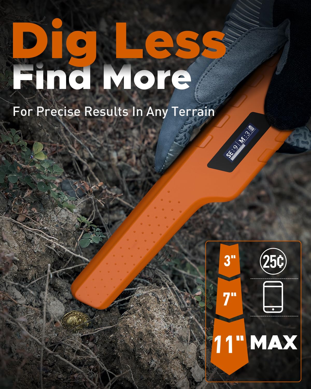 Hazlewolke Rechargeable Metal Detector Pinpointer for Adults & Kids, Fully Waterproof, OLED Screen, One-Key Interference Elimination (Orange)