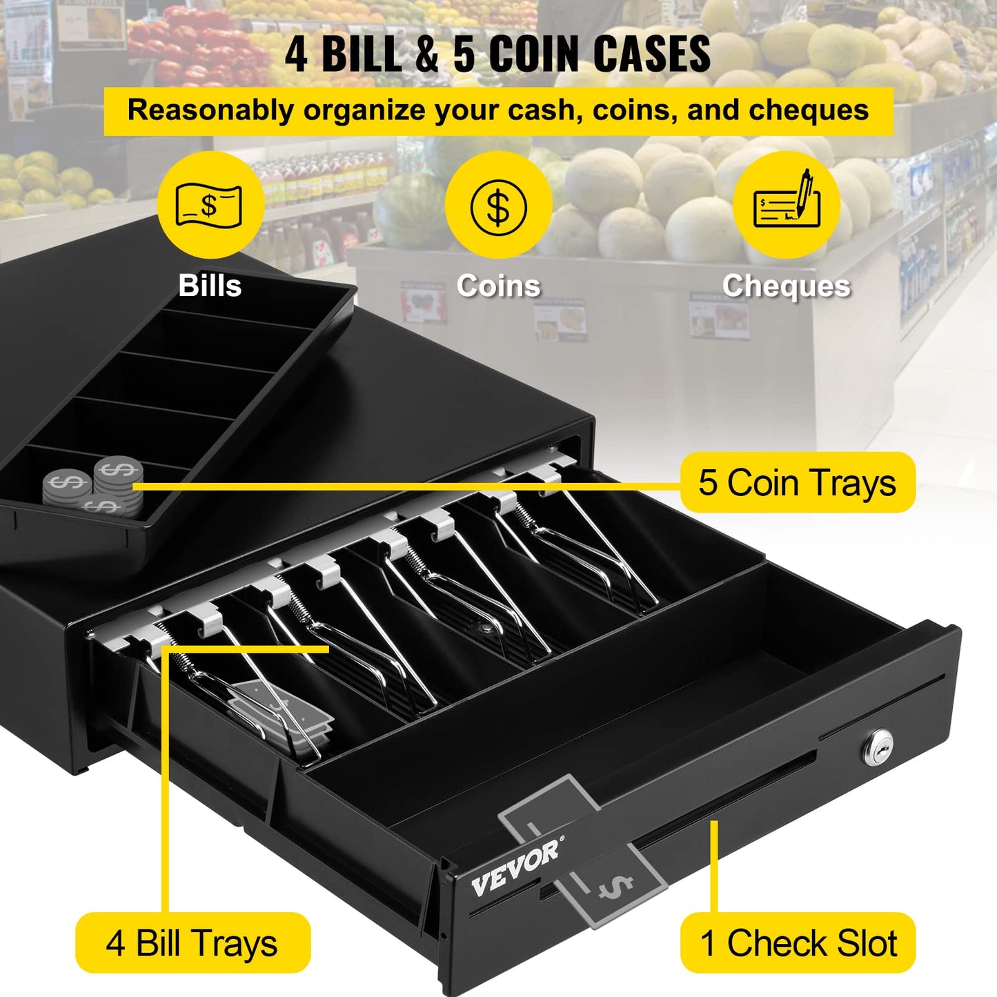 VEVOR Cash Register Drawer, 13" 12 V, for POS System with 4 Bill 5 Coin Cash Tray, Removable Coin Compartment & 2 Keys Included, RJ11/RJ12 Cable for Supermarket, Bar, Coffee Shop, Restaurant(USD Only)