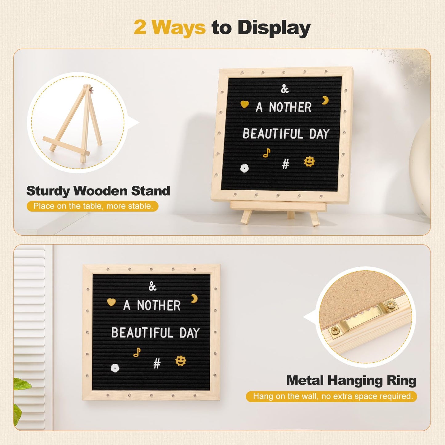 Lewondr Felt Letter Board, 10"×10" Wooden Letter Board Sign, Changeable Message Board with 20 LED Lights & 340 Letters, Pregnancy Baby Announcement Sign, First School Day Board, Black