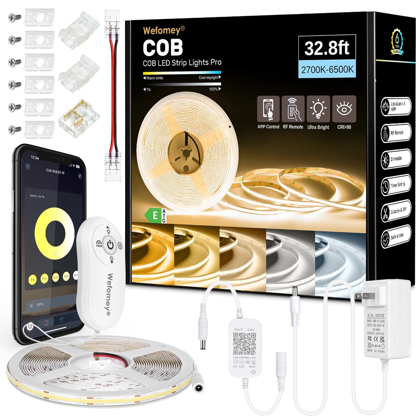 Wefomey COB LED Strip Light White, Dimmable 2700K-6500K High Density 6080LEDs 24V Flexible LED Tape Light with Remote and APP Control, for Under Cabinet Bedroom Kitchen DIY Lighting,1 Rolls of 10M