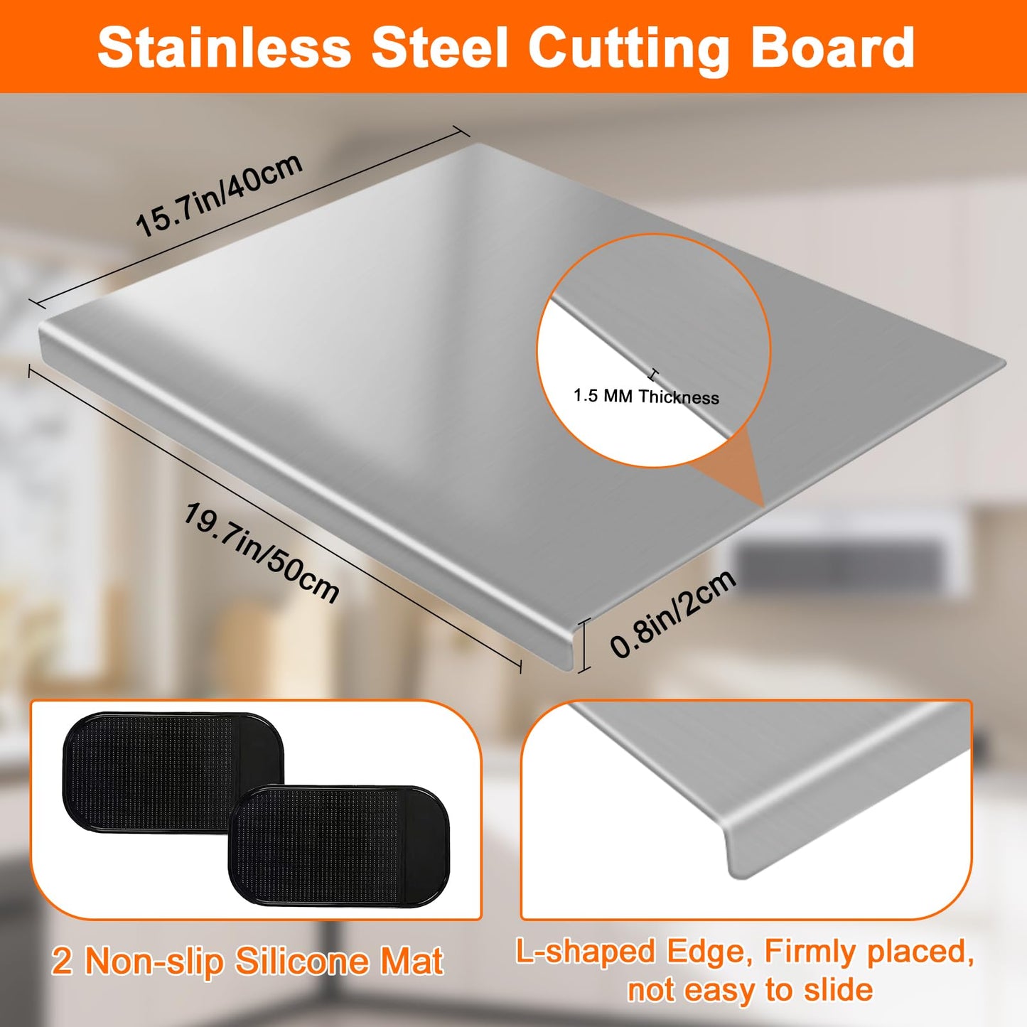 Stainless Steel Cutting Board with 2 Pack Non-Slip Mats, Yoposeo Heavy Duty Baking Cutting Chopping Boards for Kitchen, Meat, Fruits, Vegetables, Bread and Baking (19.7" X 15.7"/ 50 X 40cm)