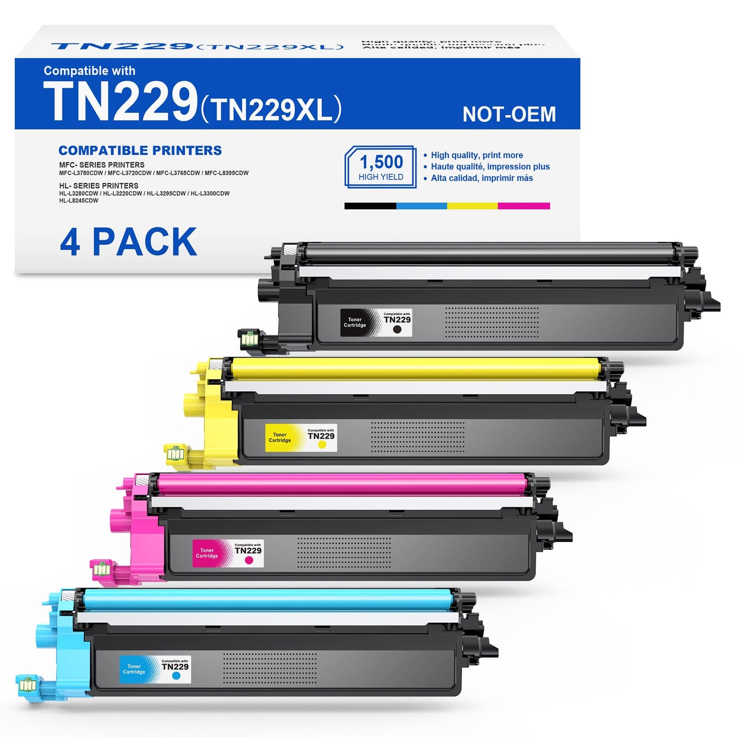 [with Chip] TN229XL Toner Cartridge Compatible Replacement for TN229XL TN229BK TN229 XL TN-229BK Work with MFC-L3780CDW MFC-L3720CDW HL-L3220CDW HL-L3280CDW Printer Toner (B/C/M/Y, 4-Pack)