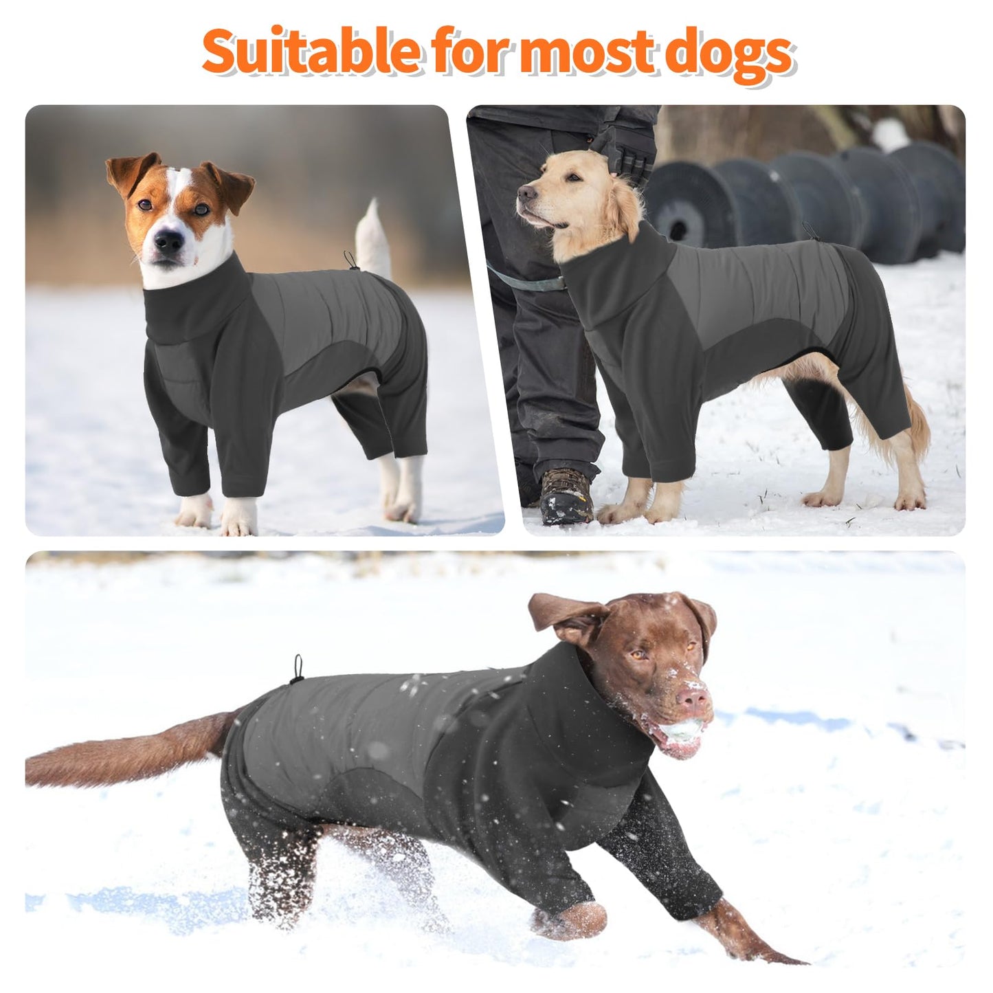 BRKURLEG Full Body Dog Winter Coat Warm Fleece Pullover Pajamas, Four Legs Covered Windproof Dog Jacket for Small to Large Dogs, Turtleneck Dogs Snowsuit, Pet Cold Weather Clothes, Grey M