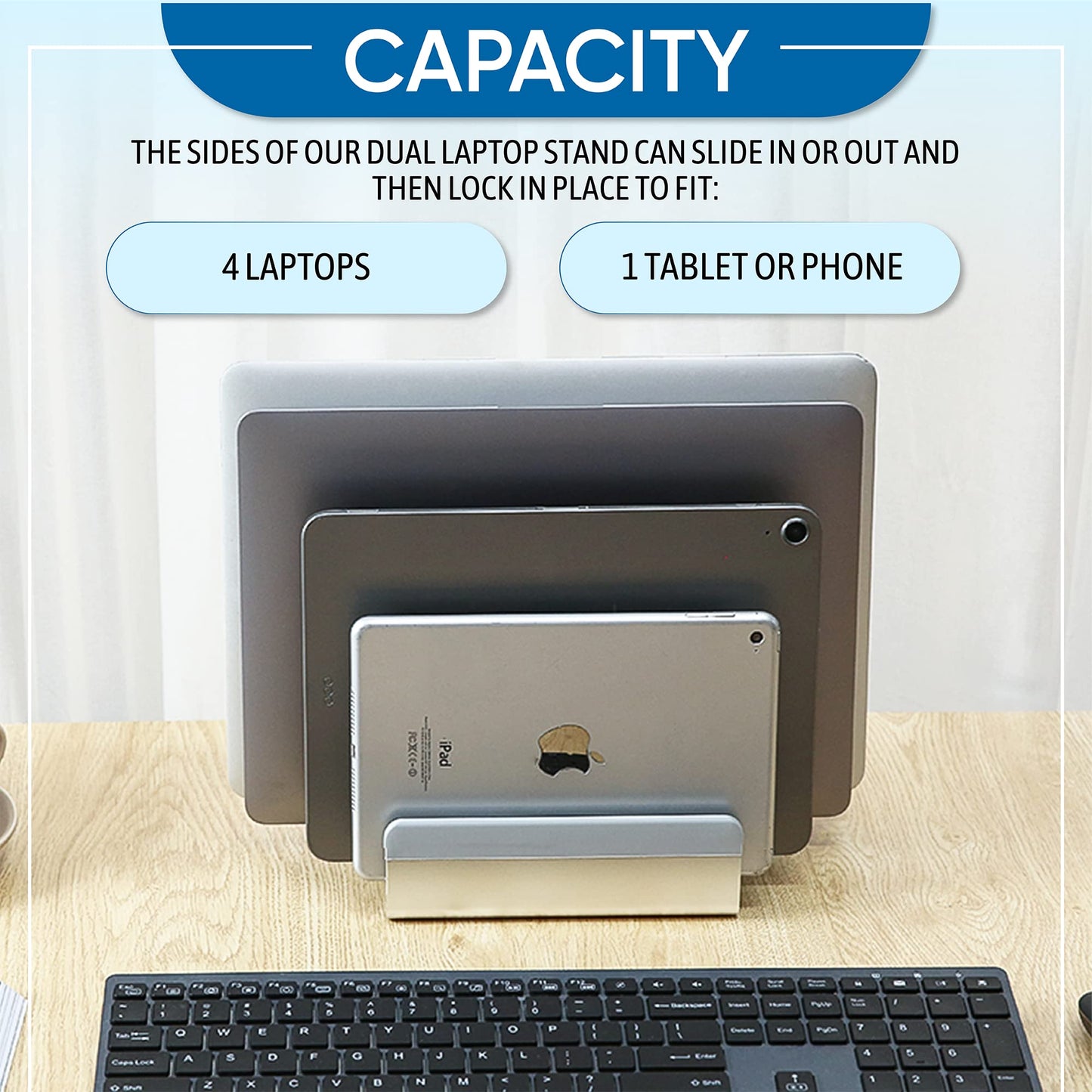 Elestoria Vertical Laptop Stand - Fits 5 Devices, Modern Design, Tool Free Adjustment, Protective & Stable (Silver)