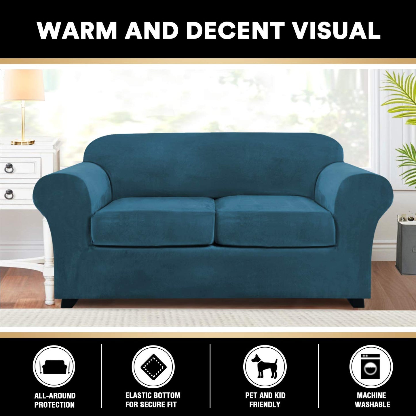 PrinceDeco Velvet Stretch 3 PCS Loveseat Covers for 2 Cushion Couch Loveseat Slipcovers (Base Cover & 2 Individual Seat Cushion Covers) Thick Sofa Covers Bonus Two Elastic Straps (Loveseat, Deep Teal)