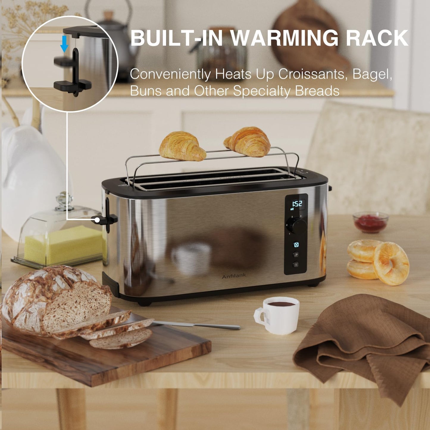 Anfilank Long Slot 4 Slice Toaster, Countdown Timer, 6 Browning Settings, Cancel/Bagel/Defrost Functions, Built-in Warming Rack, Removable Crumb Tray, Extra-Wide Long Slots - Stainless Steel