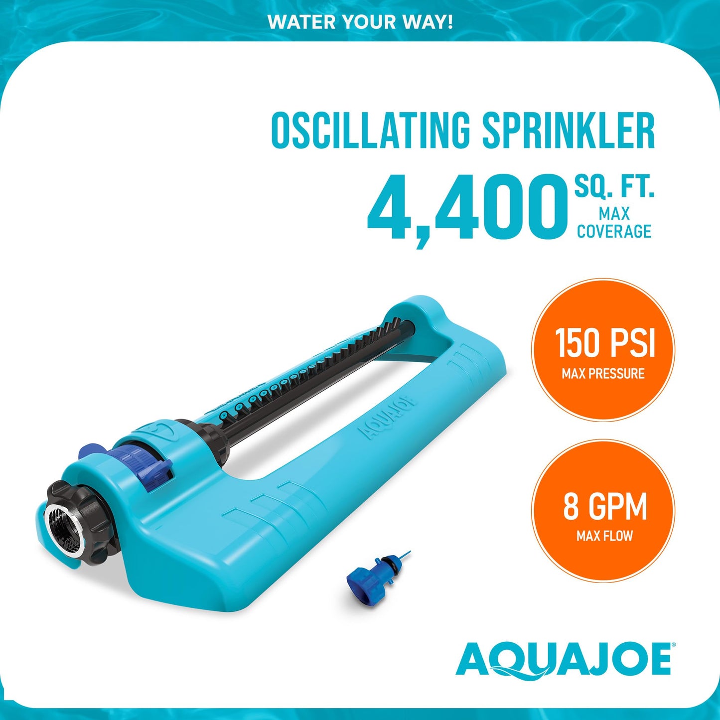 Aqua Joe SJI-OMS20 Jumbo Oscillating Sprinkler with Adjustable Spray and Metal Base, Up to 4,400-Square-Foot Coverage, 70-Foot Spray Distance, 63-Foot Width