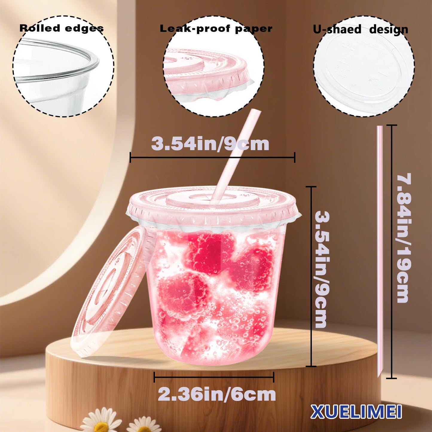 Xuelimei 12oz Disposable Stemless Glasses with Flat Lids and Straws,PET Disposable Drinking Cups,Clear Plastic Wine Glasses for Parties Birthday,Wedding,Meeting,Christmas Party Supplies. (100, Pink)