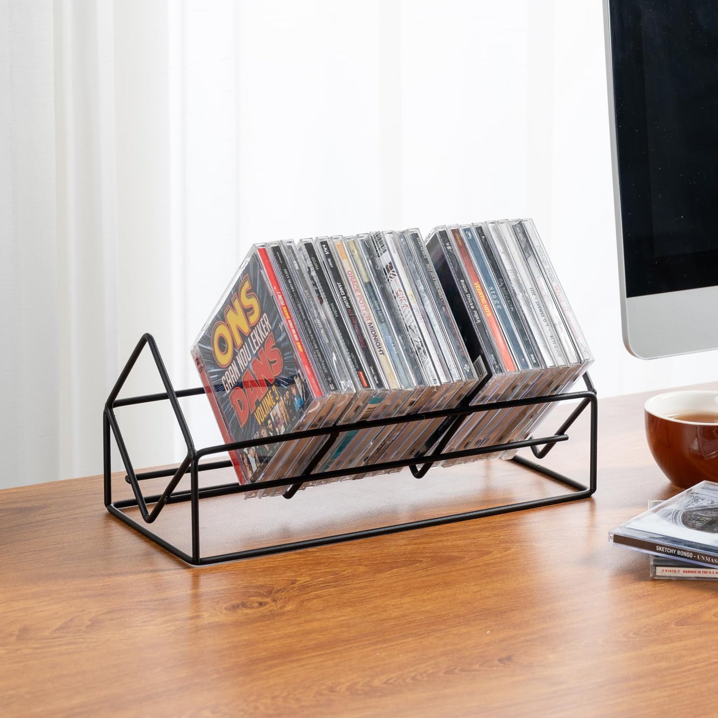 MyGift 3 Slot Modern Matte Black Metal Wire CD Storage Stand, Tabletop Compact Disc Holder Shelf, Video Game DVD Media Organizer Rack, Holds 30 Jewel Cases