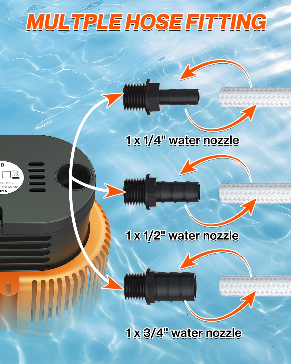 AgiiMan Pool Cover Pump Above Ground - Submersible Swimming Sump Inground Pump, Water Removal with 16' Drainage Hose and 25 Feet Power Cord, 850 GPH, 3 Adapters (Orange)