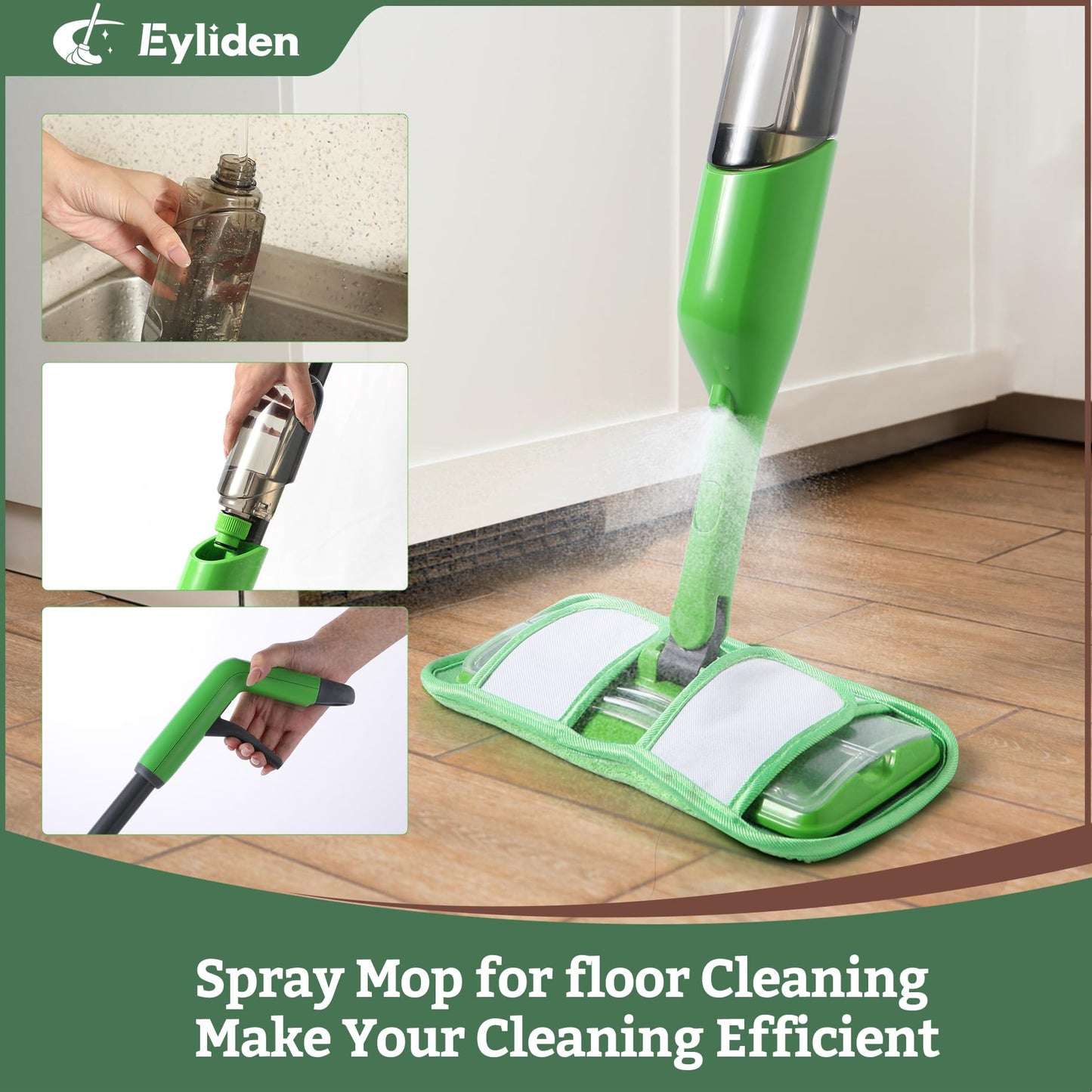 Eyliden Spray Mop for Small Spaces - 360° Swivel Mop with 12 Disposable Cloths, 1 Reusable Pad, 13oz Refillable Bottle | Perfect for Apartments, Dorms & Compact Living