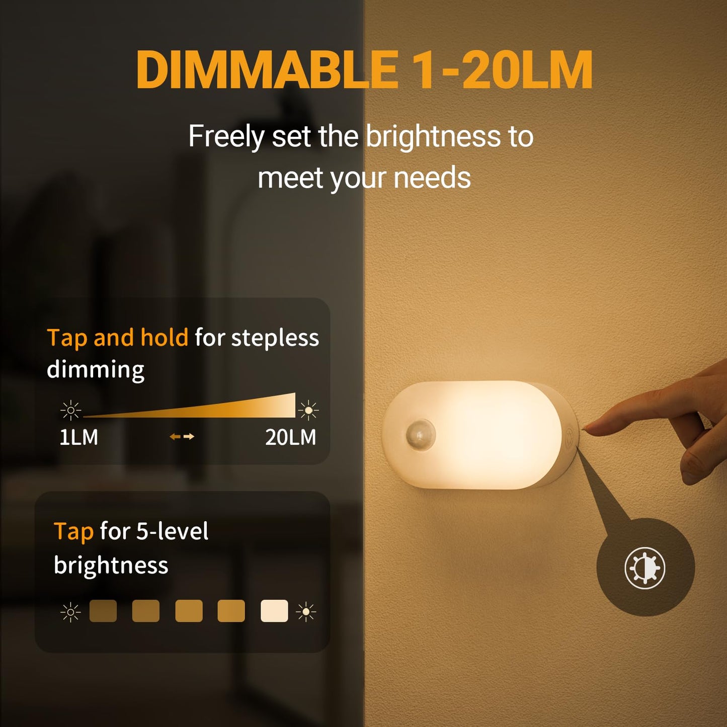 Rechargeable Night Light, LYRIDZ Stick on Anywhere Motion Sensor Nightlight Warm White 1-20LM LED Light with Stepless Adjustable Brightness for Bedroom, Kitchen, Stairs, Hallway, 4-Pack