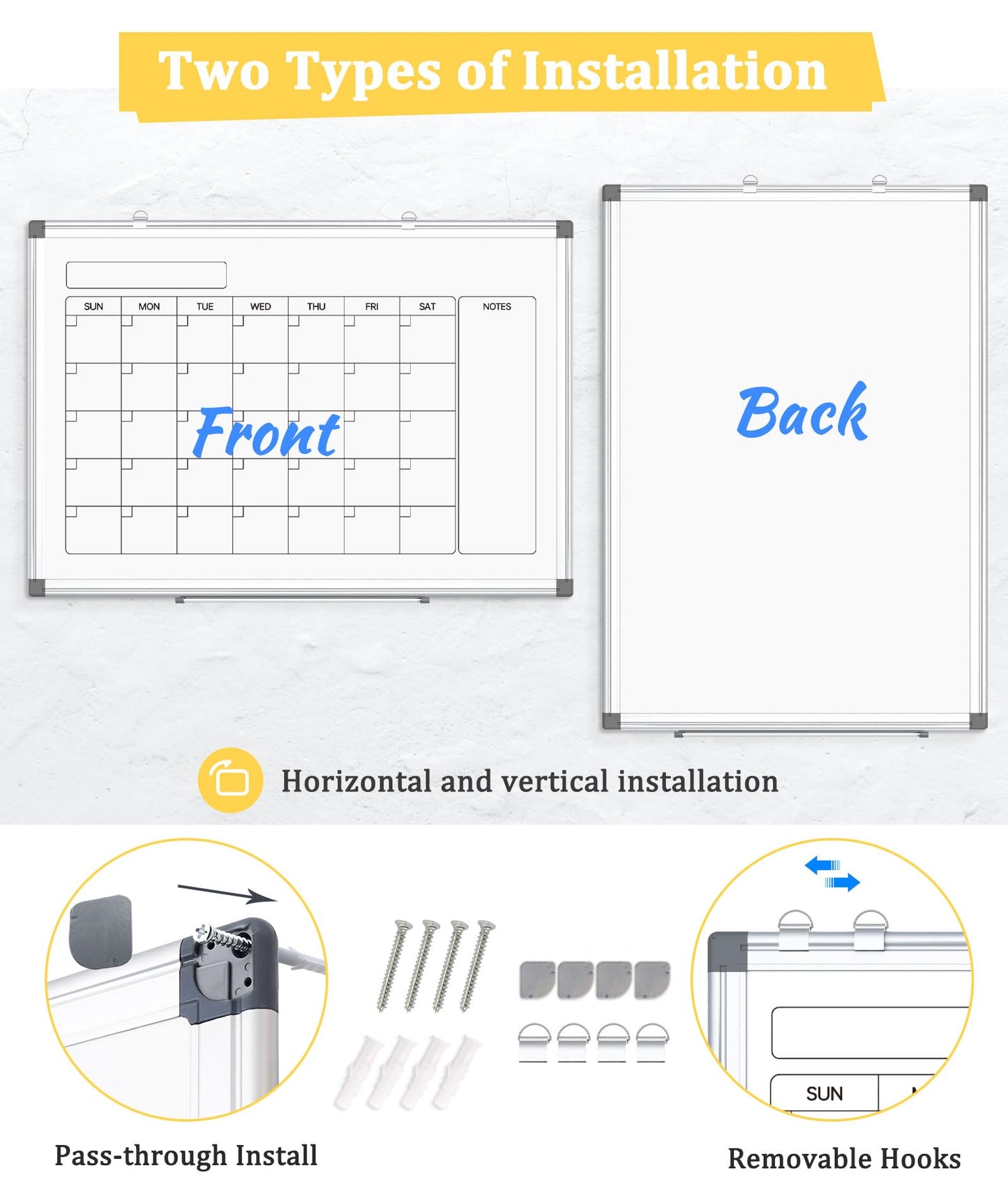 AMUSIGHT Double-Sided Whiteboard Calendar, 36" x 24" Dry Erase Calendar for Wall, Aluminum Frame White Board Planner Monthly Marker Board for Kitchen, Memo, School, Home, Office