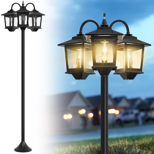 73" Aluminum Solar Lamp Post Light, 3-Head Solar Light Posts for Outside Waterproof, 90Lm Outdoor Lamps for Patio, Backyard, Front Porch Decor, Warm White, Replaceable Bulb