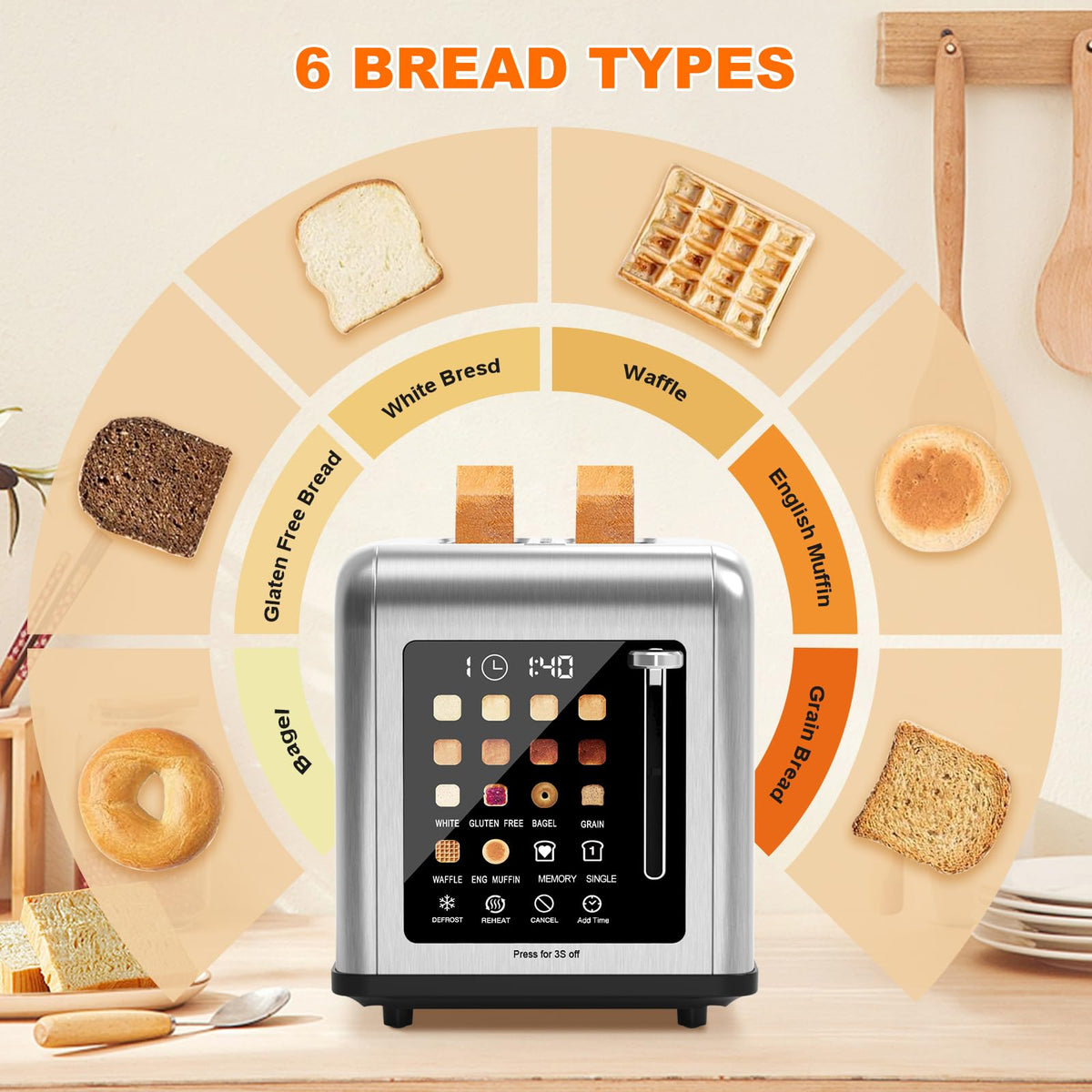 Touch Screen Toaster 2 Slice, Stainless Steel Toasters Digital Timer, Dual Control Panel Toasters, 8 Shade Settings 6 Bread Types for Bagel, Cancel, Defrost