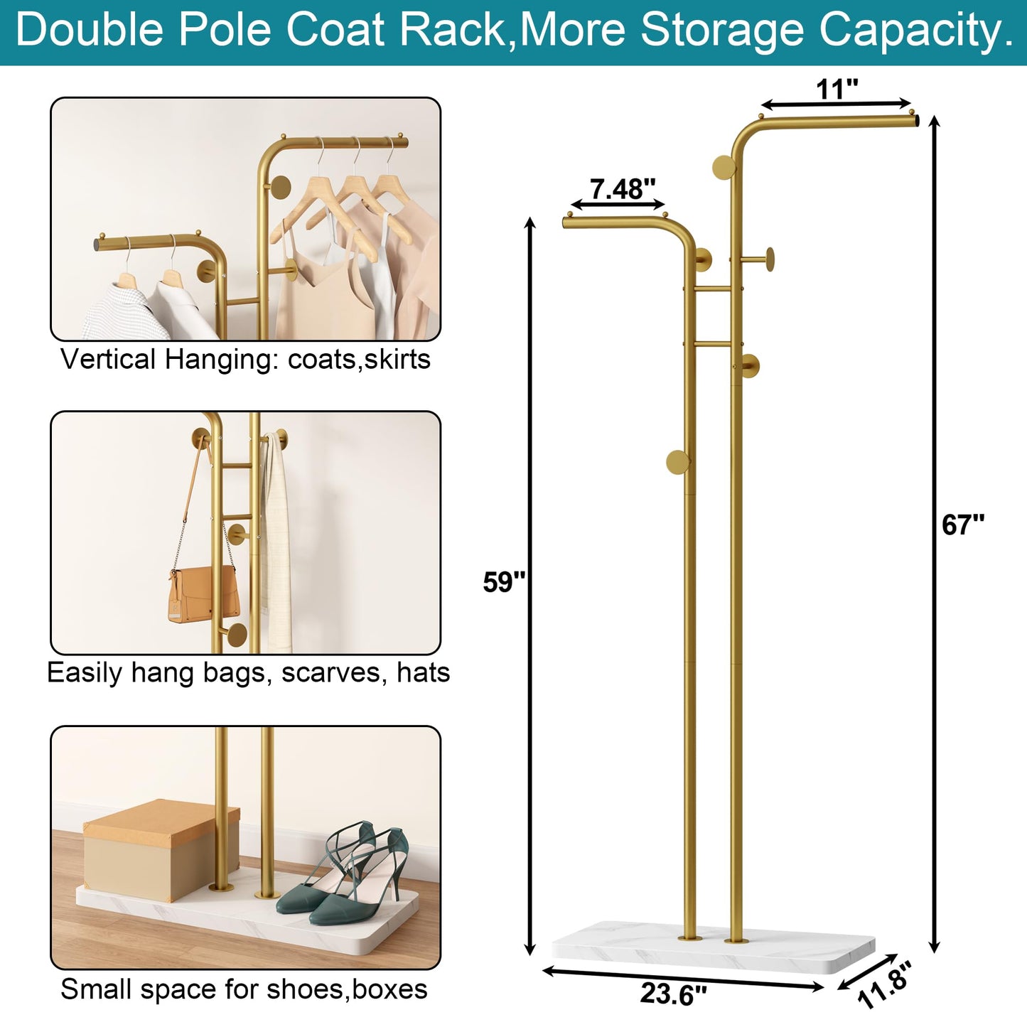 HOMEFORT Double-pole Coat Rack, Freestanding Metal Coat Racks, Clothes Hat Stand with 5 Hooks for Closet, Bedroom, Entryway, Living Room, Gold