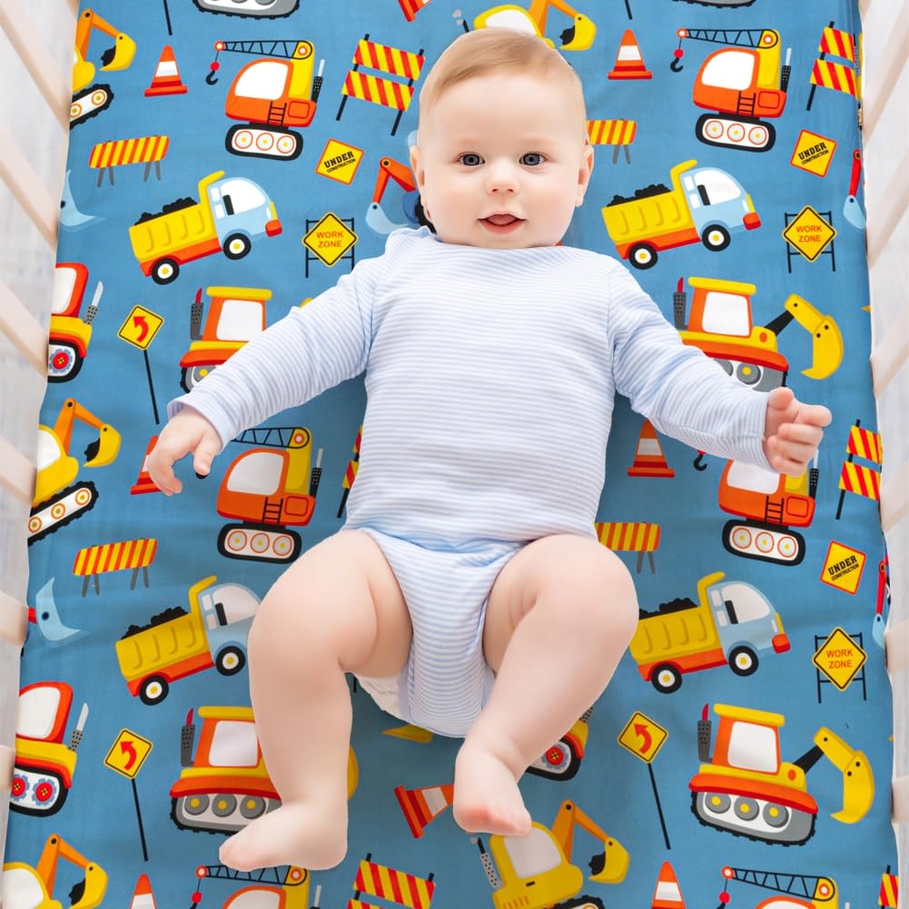 4 Pack Baby Boy Crib Sheets Set Soft Fitted Construction Truck or Dinosaur Theme Baby Boy Mattress Covers Breathable Toddler Sheets for Infant or Newborn Boys (Construction, Crib Sheets)