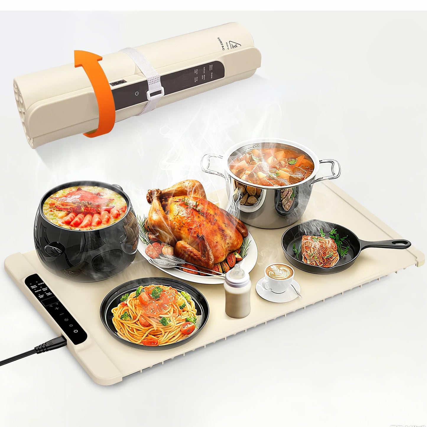 Food Warming Mat, Silicone Warming Tray, Whole-Surface Heating Pad, Rollable Food Warmer, Adjustable 50-100°C (122-212°F), 10H Timer & Child Lock, Party and Christmas, Warming Mat for Food (Beige)
