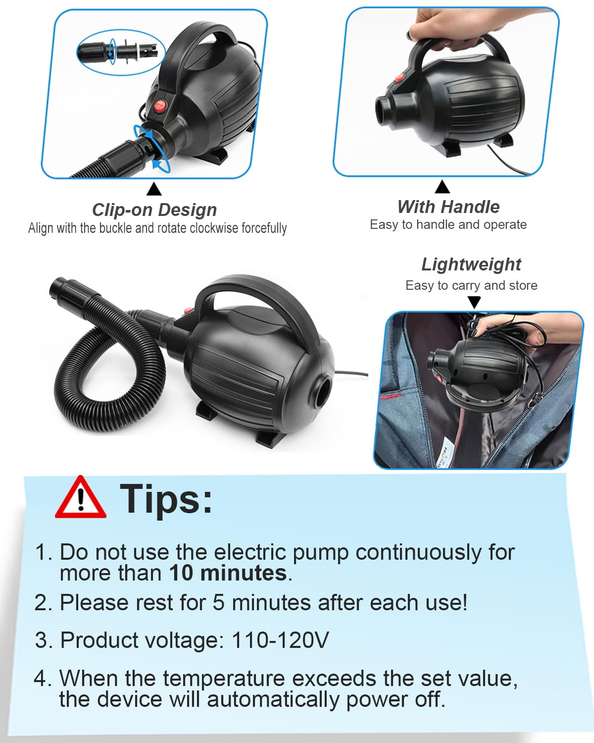 VEBESYET Electric Air Pumps for Inflatables Air Mattress Gymnastics Track Mat Quick Fill Inflator/Deflator for Pool Floats Dock Raft,4 Nozzles, 110-120V AC (400W)
