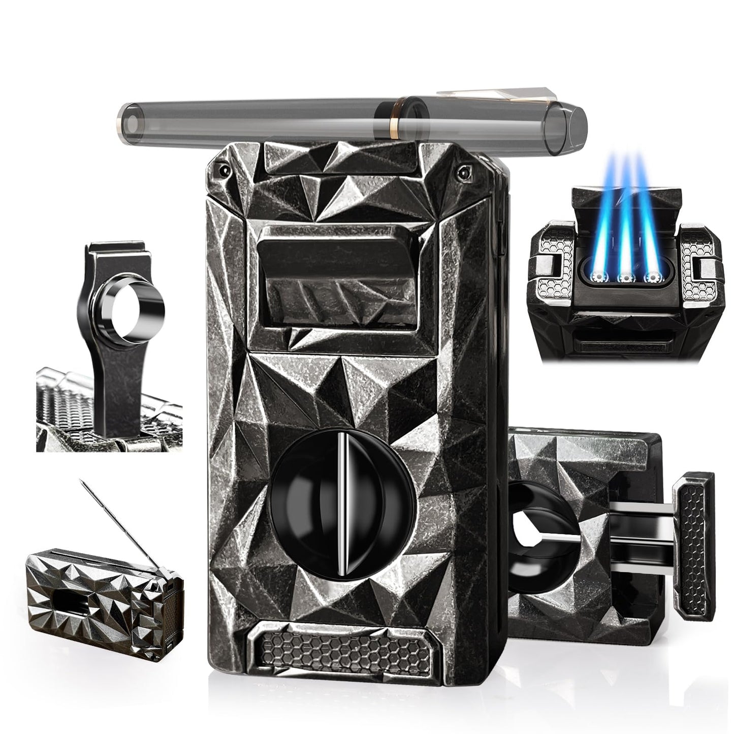 5-in-1 Torch Lighter, with V-Cutter, Holder, Punch, Draw Enhancer Tool, Windproof Triple Flame Torch Lighter, Multifunctional Accessories Gifts for Men, Refillable Butane Lighter for Candles, Travel