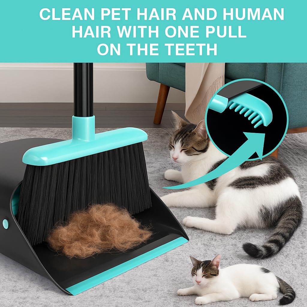Broom and Dust pan with 52Inch Long Extendable Handle,Broom with Dustpan Combo Set, Standing Broom Sets for Indoor Kitchen Room Office Lobby Floor Cleaning