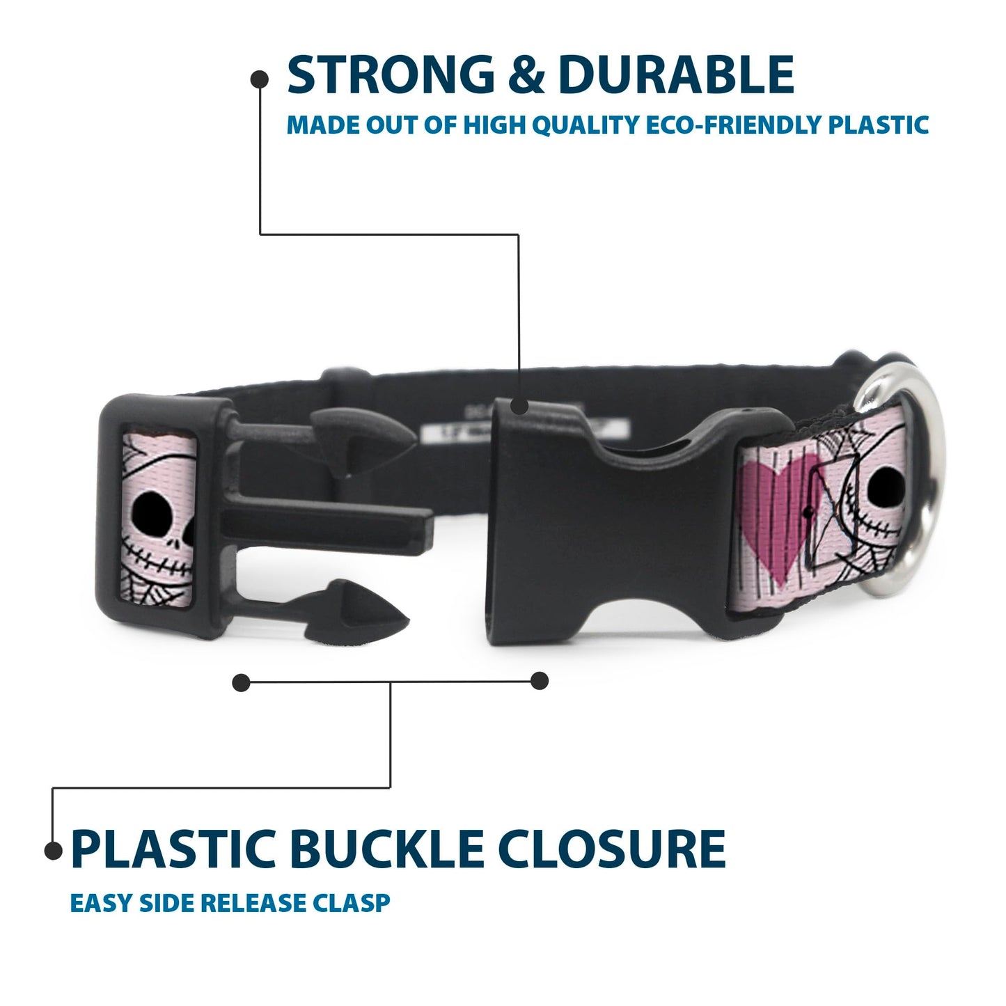 Disney Pet Collar, Dog Collar Plastic Buckle, The Nightmare Before Christmas Jack and Sally Doodles Pink, 8.5 to 12 Inches 0.5 Inch Wide
