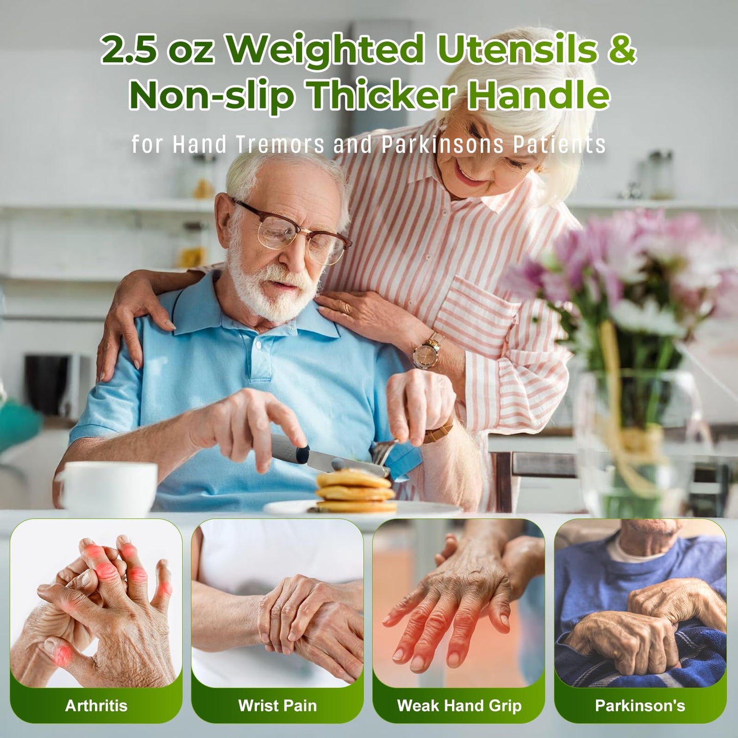 4-Piece Adaptive Utensils Set for Parkinson’s & Hand Tremors – 42° Angled, 2.5 oz Weighted Silverware – Easy-Grip Utensils for Seniors & Arthritis (Fork, Knife, Spoon)-(Right-Handed)