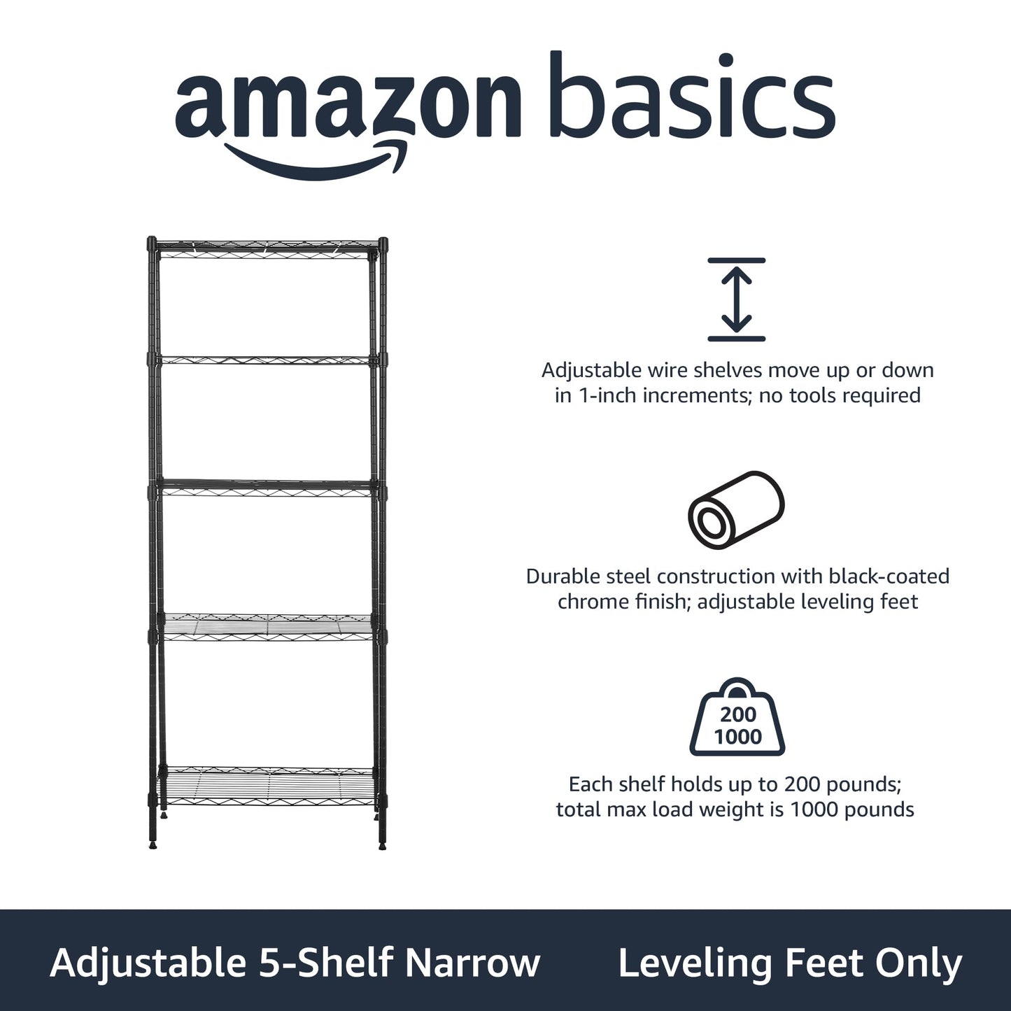 Amazon Basics 5-Shelf Multipurpose Adjustable Sturdy Steel Storage Shelving Unit, Easy Assembly, 34cm D x 59cm W x 152cm H, Black