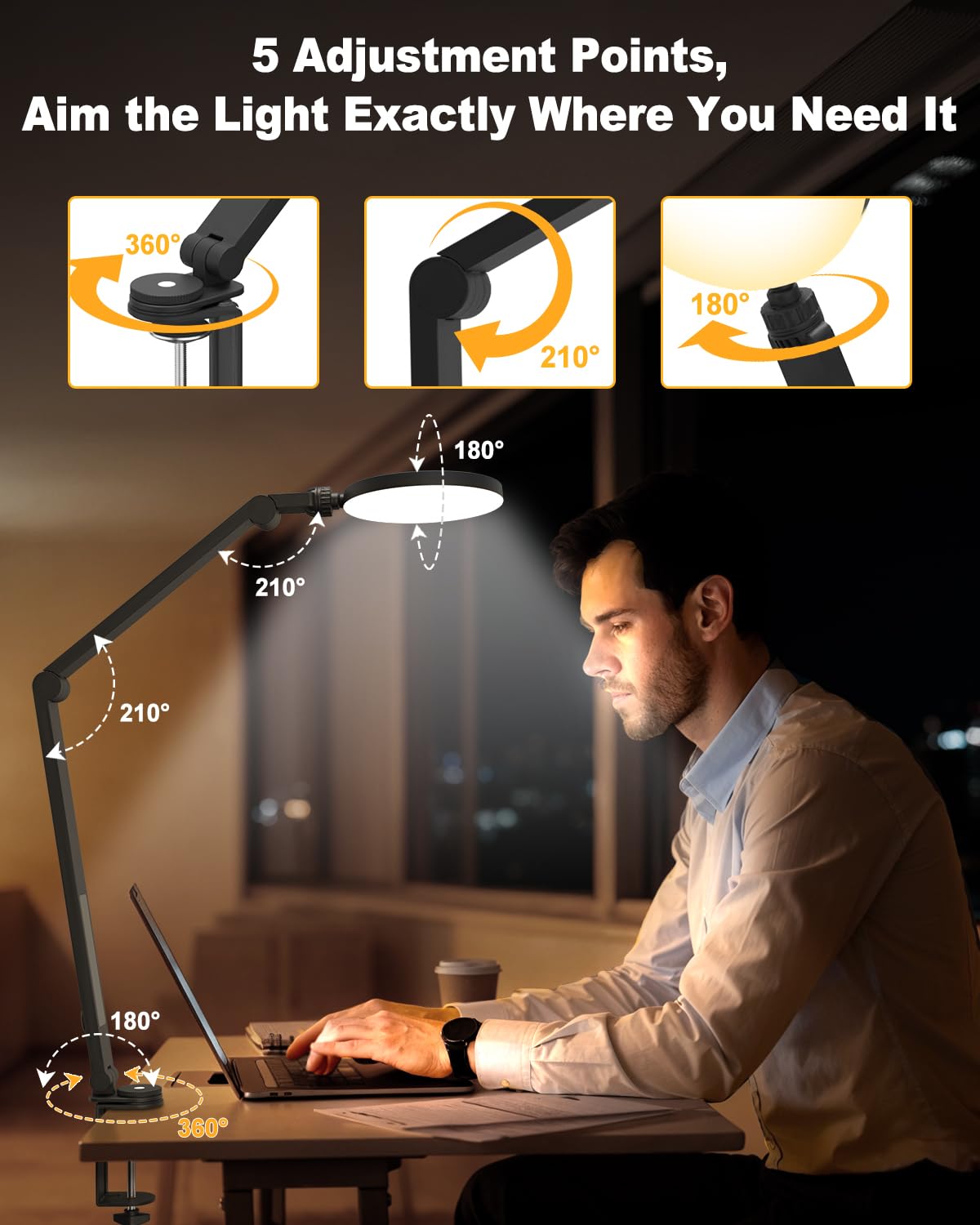 ZAPLIT 16W LED Desk Lamp with I-Clamp, [5 Color Modes 10 Brightness Dimmable] Clip on Architect Lamp, 30 60 Min Auto Timer, Touch Control Office Lamp for Home, Office, Task - Adapter Included