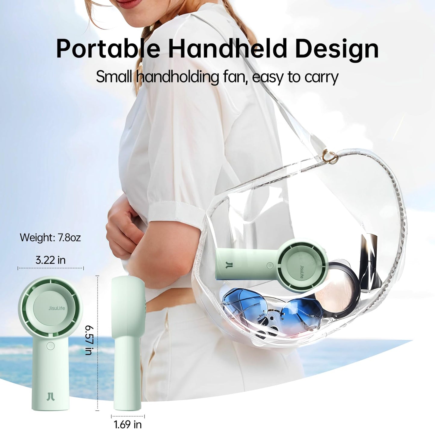 JISULIFE Handheld Turbo Fan [16H Max Cooling Time] Mini Portable Hand, 4000mAh USB Rechargeable Personal, Battery Operated Small Pocket Fan with 5 Speeds for Travel/Outdoor/Home/Office - Green