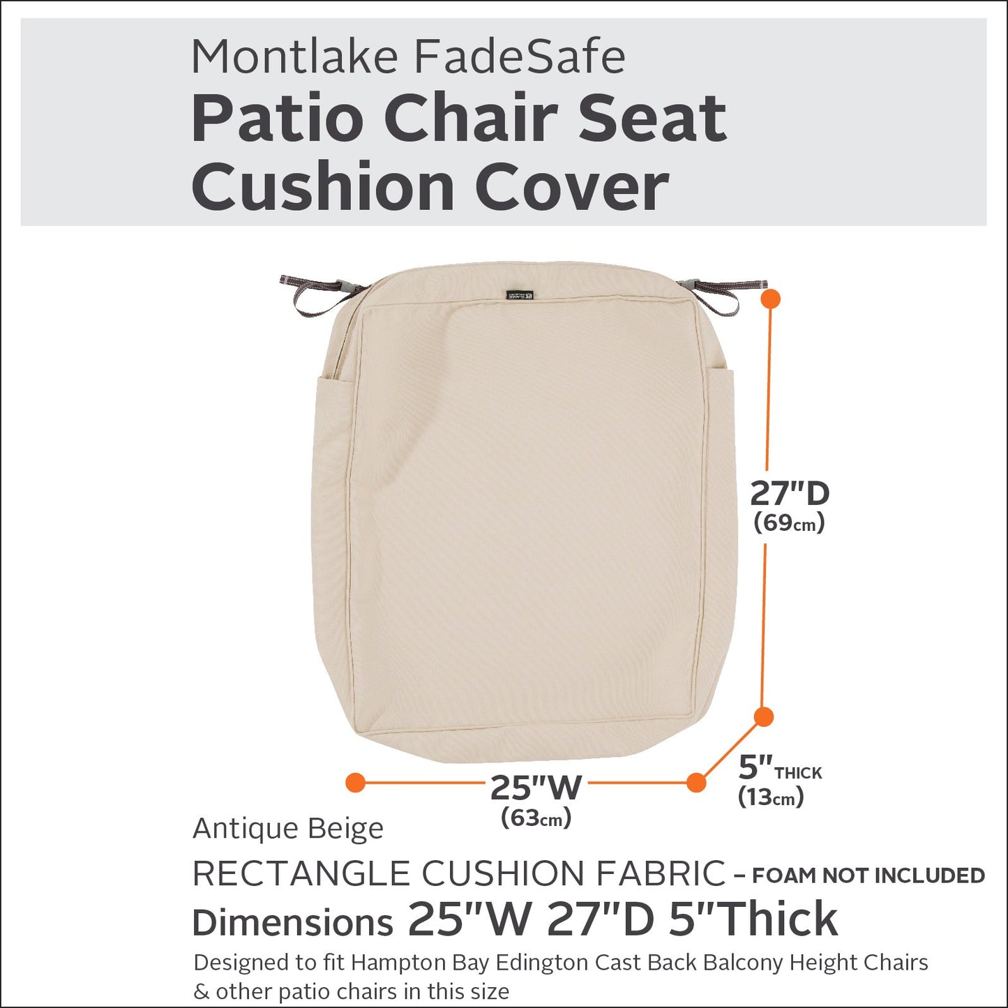 Classic Accessories 60-022-010301-RT Montlake Patio Seat Cushion Slip Cover, Antique Beige, 25" x 27" x 5" Thick