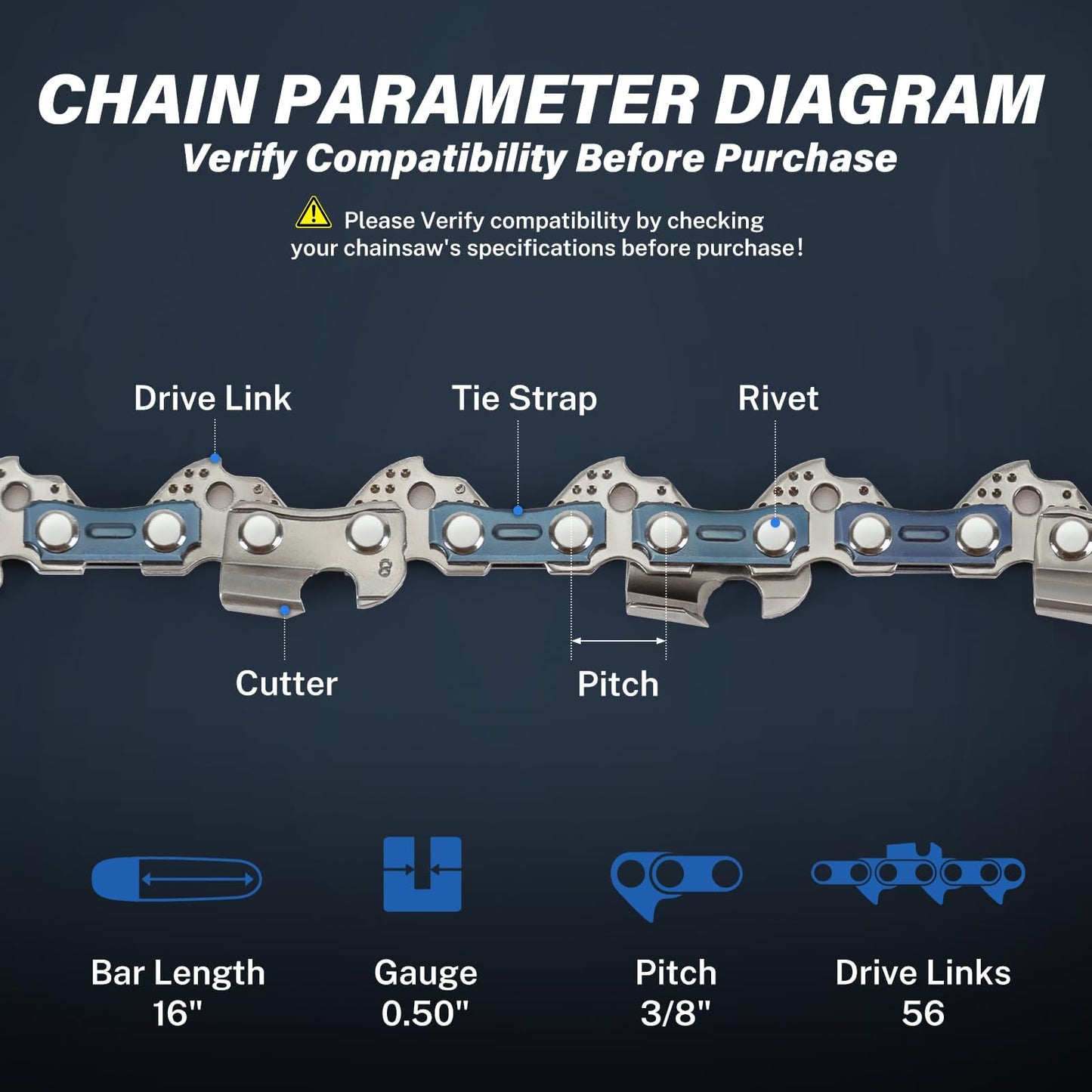 RAINHOL 16 Inch Chainsaw Chain, 56 Drive Links, 3/8" LP Pitch .050" Gauge, Fits Husqvarna, Echo, Poulan, Greenworks and More (4 Pack)