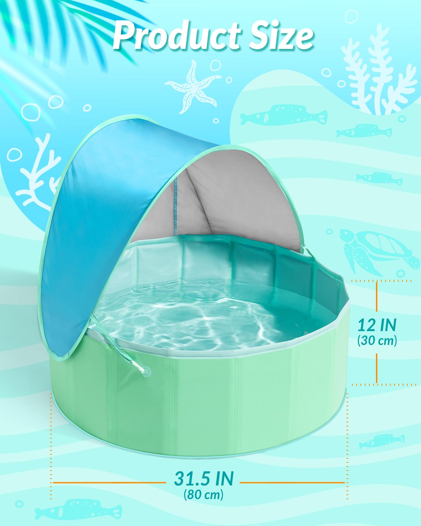 Hikiddy Foldable Kiddie Pool with Canopy: 31.5in Baby Pool (Blue&Mint, 31.5in)