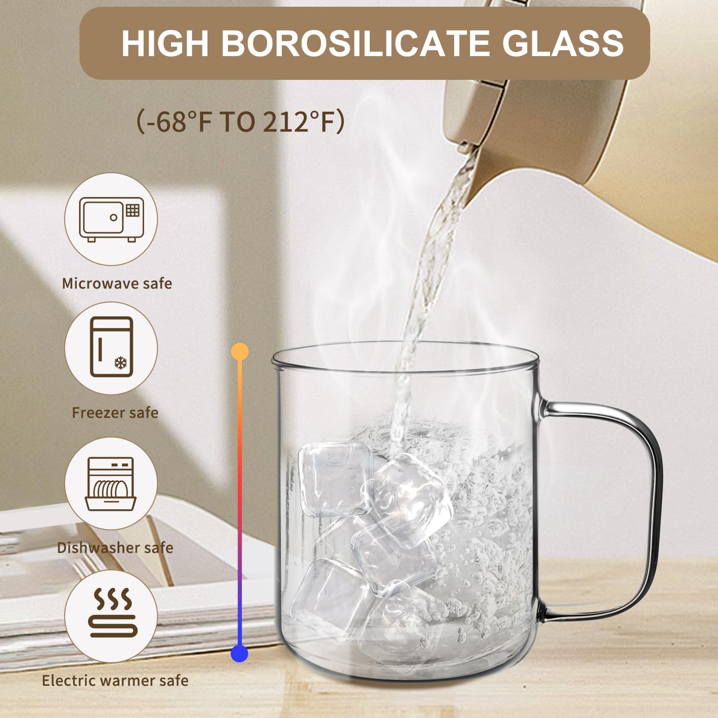 Rechano 17oz/500ml Glass Coffee Mugs Set of 4, Clear Large Wide Mouth Drinking Glasses with Big Handle for Hot/Iced Beverage, Latte, Cappuccino, Juice, Tea, Milk, Dishwasher Safe