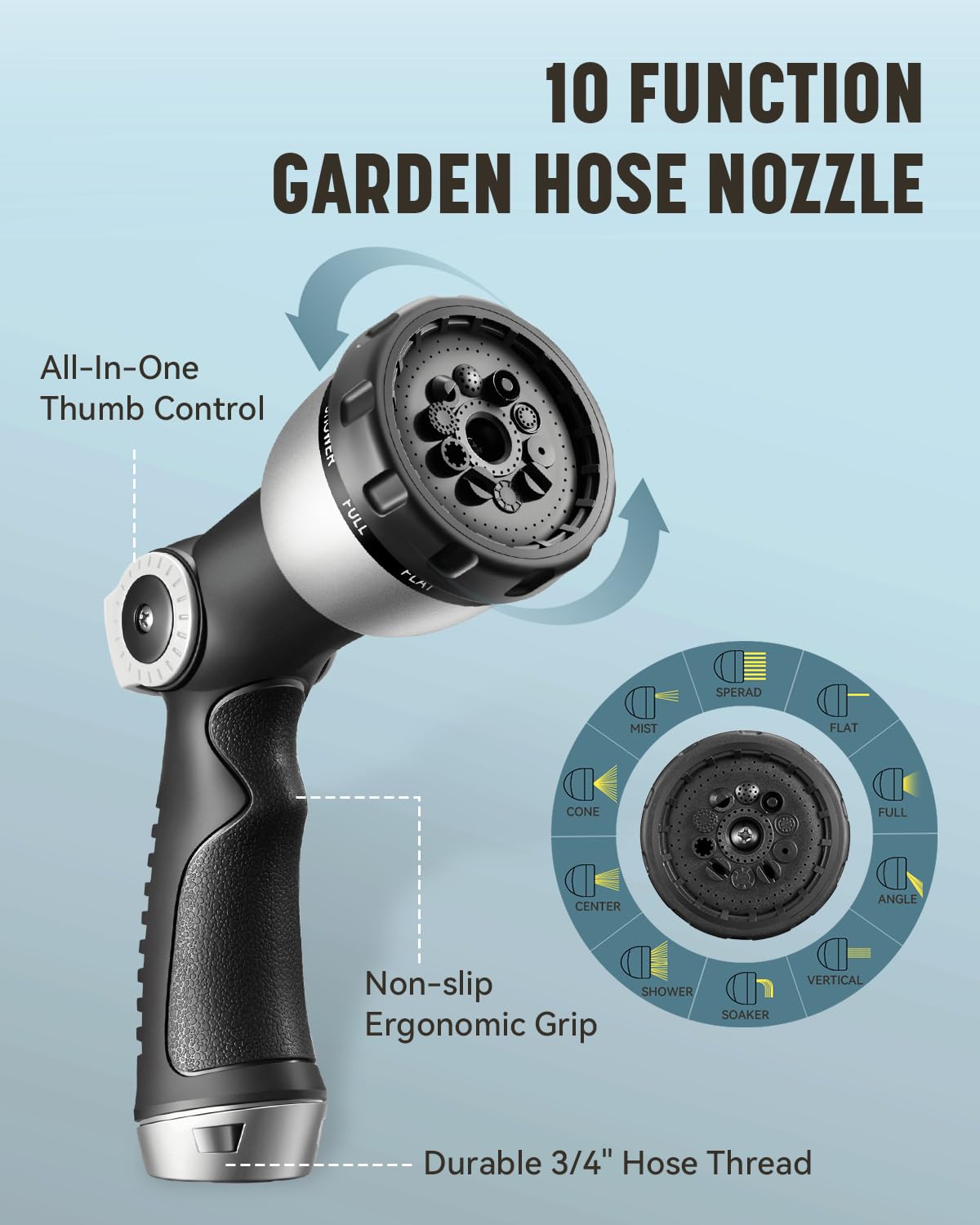 Gpeng Heavy Duty Garden Hose, 50ft x 5/8" Water Hose, Flexible Hybrid Hose with 10-Pattern Spray Nozzle, Swivel Handle, Male to Female Fittings, Burst 600 PSI