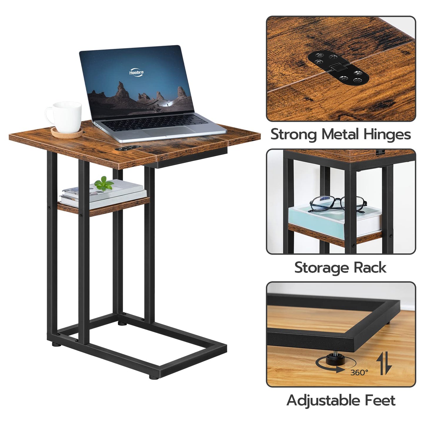 HOOBRO Foldable End Table, C Shaped Side Table with Storage Shelf, Small Snack Table Suitable for Living Room Bedroom Small Spaces, Easy Assembly, Rustic Brown BF29SF01