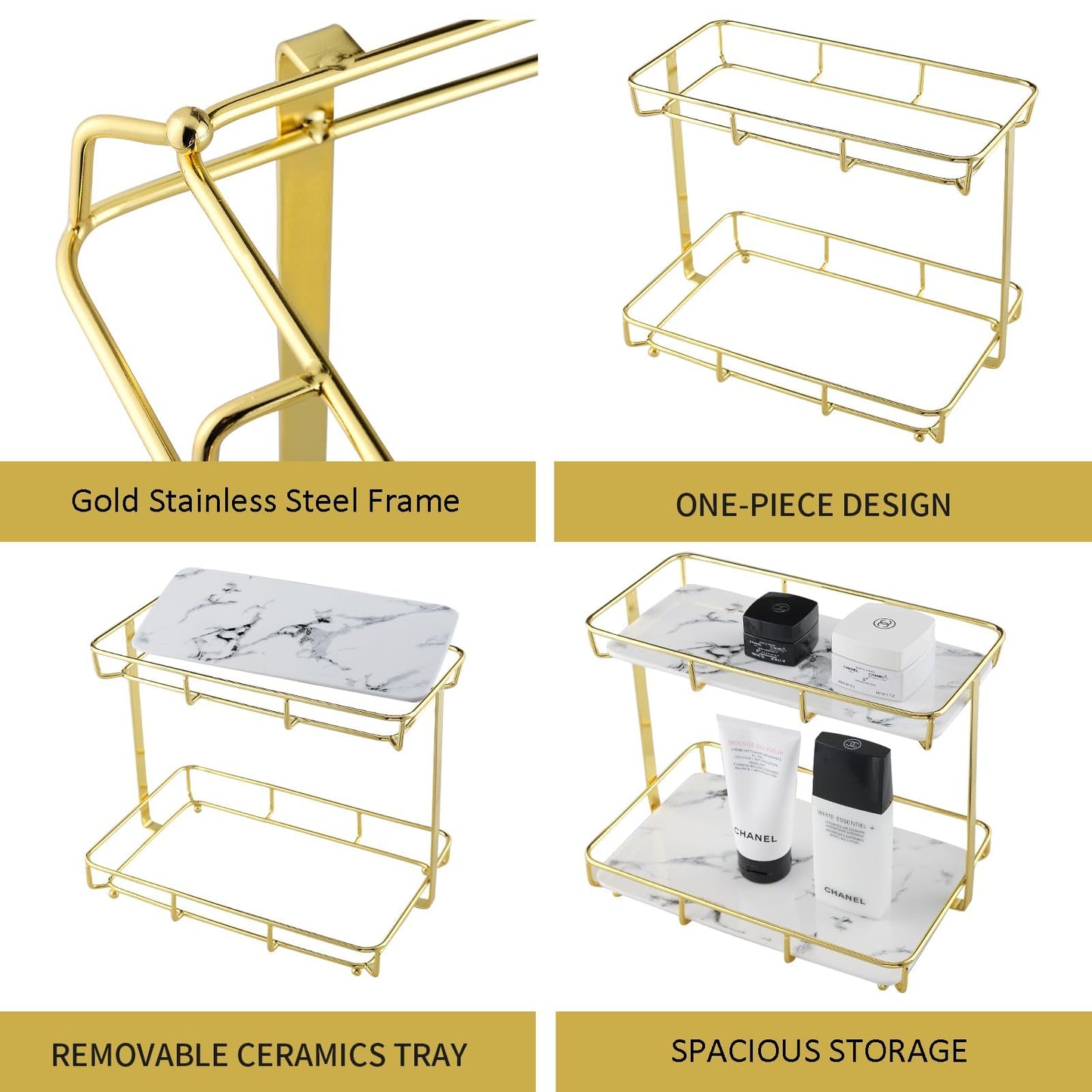 Dobbyby Bathroom Organizer Countertop Perfume Organizer Makeup Organizer Cosmetics Storage Display Rack 2 Tier Vanity Tray Dresser Stainless Steel Shelf Marble Print Ceramic Tray (2 Tier L-Gold)