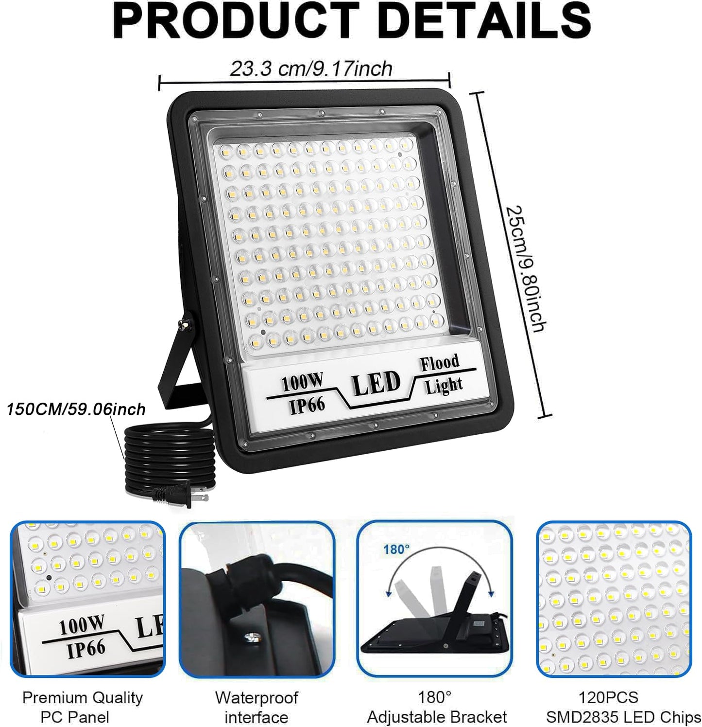 2 Pack Flood Light Outdoor, 100W 10000lm LED Flood Light, IP66 Waterproof Exterior Flood Lights, 6500K Daylight White, Plug in Outdoor Lights Led for Patio, Garage, Porch, Lawn, Yard, Garden