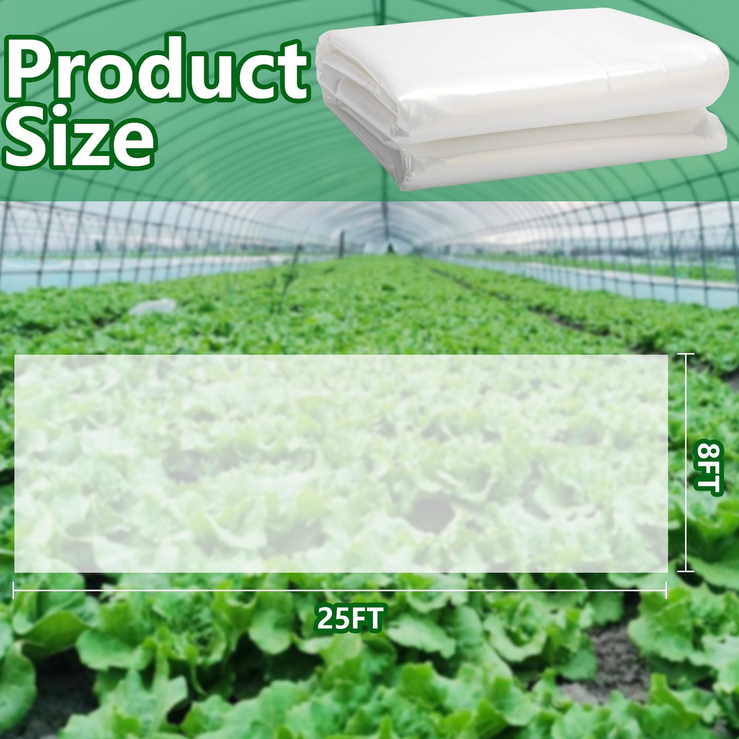 8x25ft Greenhouse Film Sheeting - Thickened Greenhouse Plastic Transparent Film - Clear Polyethylene Garden Film Cover for Farm Garden Vegetables Plants Flower