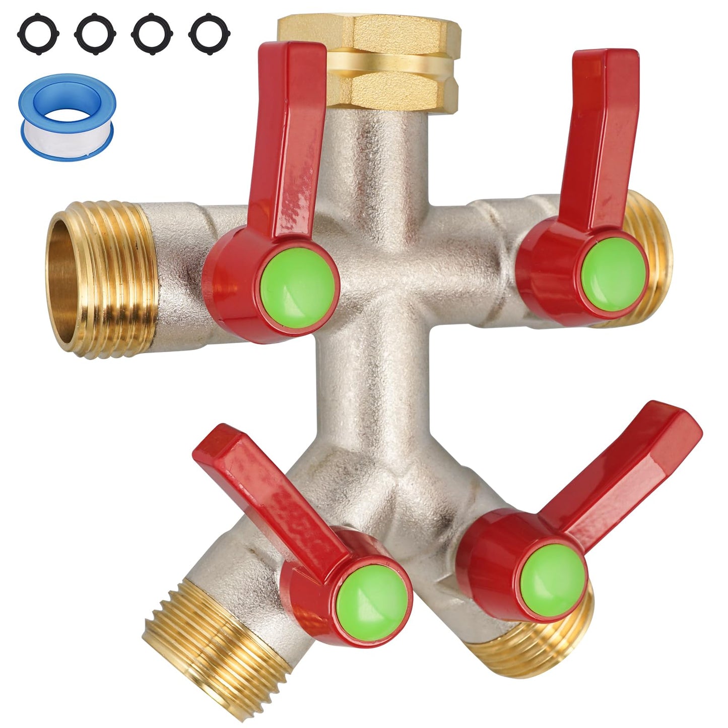 DINGBAI 4 Way Hose Splitter. High Flow, 3/4” GHT Inlet Brass Heavy Duty Hose Converter, 4 Way Garden Hose Splitters, Long Handle Hose Y-Valve Faucet Converter with Threaded Pipe Swivel.