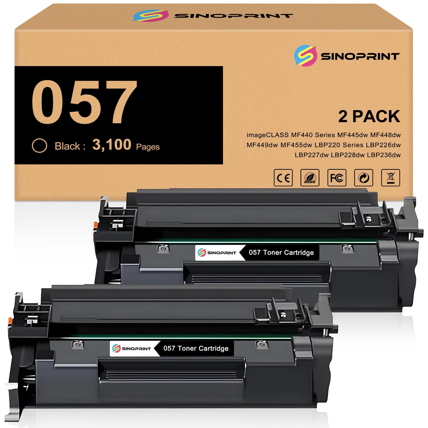 SINOPRINT Compatible Toner Cartridge for Canon 057 Black CRG-057,2-Pack 3009C001 for Canon imageCLASS MF449dw, MF448dw, MF455dw, MF445dw, LBP228dw, LBP226dw, lbp227dw, LBP236dw Laser Printers