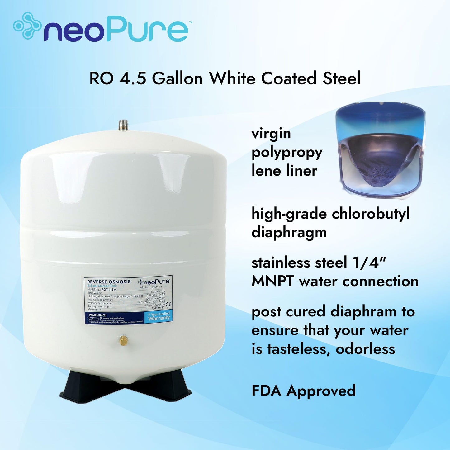 Neo-Pure RO-132 Reverse Osmosis Storage Tank Powder Coated Steel w/Tank Valve Female Elbow 1/4" FPT x 3/8" Quick-Connect (Stainless Steel, 4.5 Gallon)