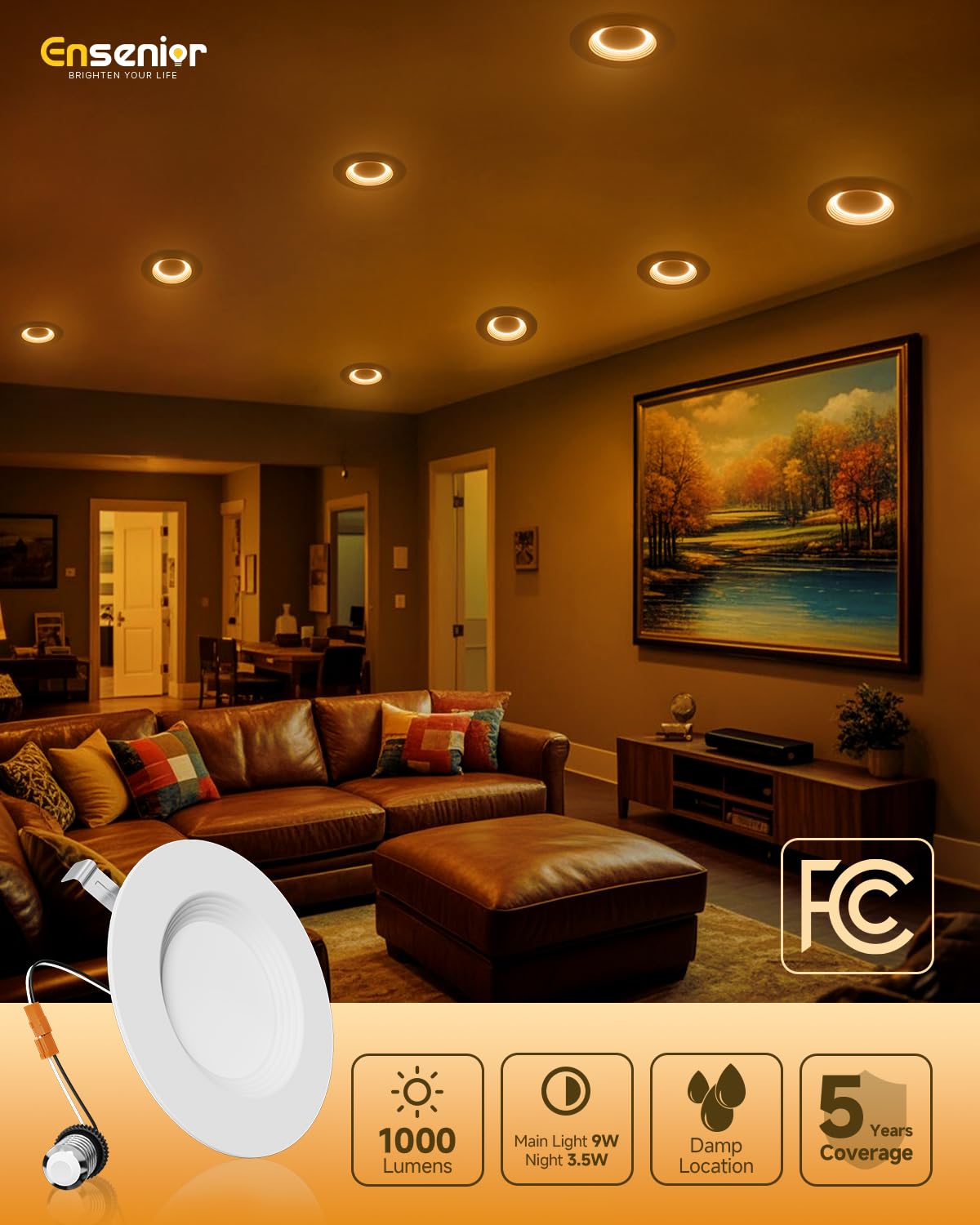 Ensenior 5/6 Inch 5CCT LED Pot Lights with Night Light 6 Pack, Retrofit Recessed Led Ceiling Lighting, Baffle Trim, Dimmable, 9W=110W, 1000LM, 2700K/3000K/3500K/4000K/5000K Selectable, IC Rated - FCC