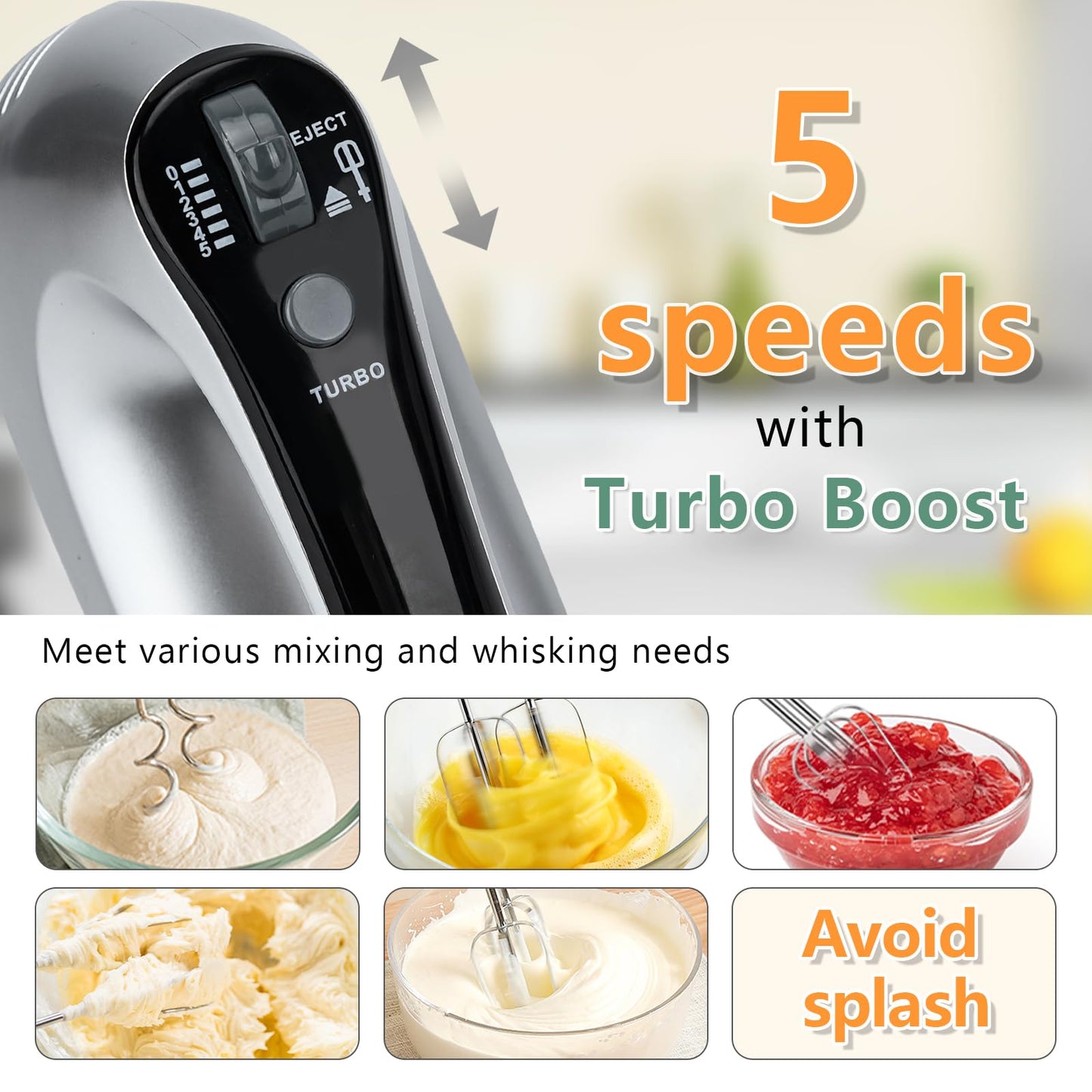 Hand Mixer Electric, Lychee 5 Speed 600W Ultra Power Handheld Mixer with Touch Button, Turbo, Storage Case, 6 Stainless Steel Accessories, Kitchen Aid Mixer for Cake Cookie Egg Cream Dough (Silver)
