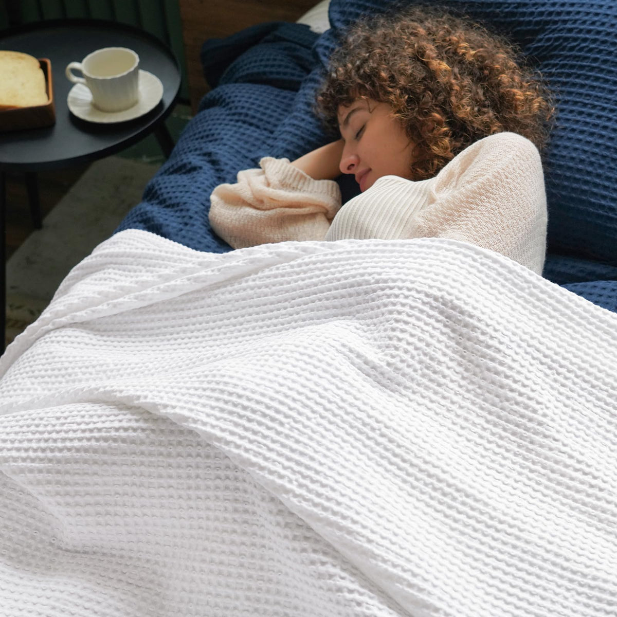 PHF 100% Natural Cotton Waffle Blanket Queen Size, Washed Soft Lightweight Breathable Comfy Throw, Elegant Decor for Bed Sofa Office Car, Essential Bedding for All Seasons, White, 90" x 90"