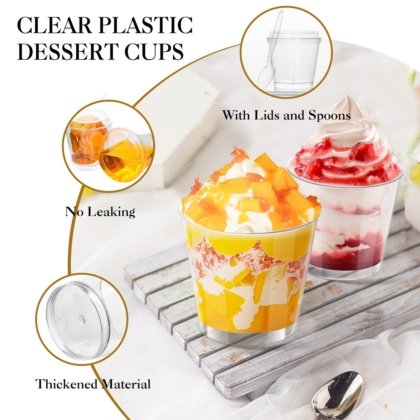 100 Pack Dessert Cups with Lids and Spoons, 7 OZ Mini Clear Plastic Dessert Parfait Cup for Party Small Round Serving Appetizer Cups Disposable Fruit Ice Cream Pudding Yogurt Jello Shot Cake Cup Bowls