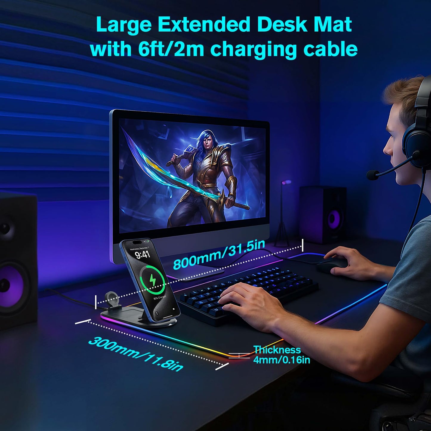 ELUTENG 4-in-1 RGB Gaming Mouse Pad with Wireless Charging & Phone Holder, 31.5"x11.81" Large Waterproof Desk Mat, Ultra-Smooth Non-Slip Keyboard Pad for Home & Office
